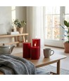 LED blockljus Ø7,5cm, 3st, smält-look, flammeffekt - bordeauxröd