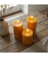 Set med 3 st. LED-blockljus, brun - Ø7,5cm, 10/12,5/15cm hög, fungerar m. fjärrkontroll, timer, äkta stearin