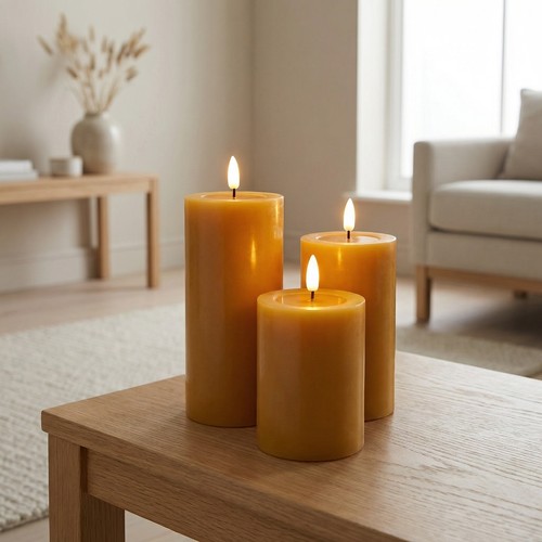 Set med 3 st. LED-blockljus, brun - Ø7,5cm, 10/12,5/15cm hög, fungerar m. fjärrkontroll, timer, äkta stearin