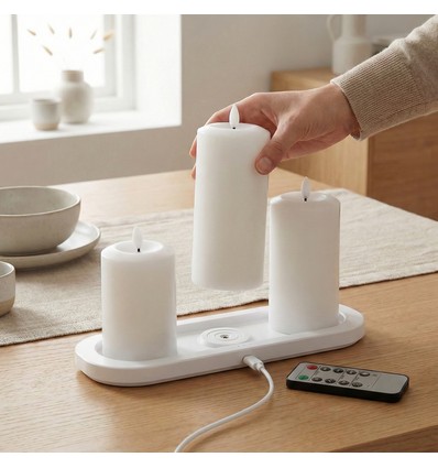 3-pack vita LED-stearinljus, flameffekt - Ø2,2cm, Höjd: 24,5cm, kronljus, fungerar inkl. fjärrkontroll, timer