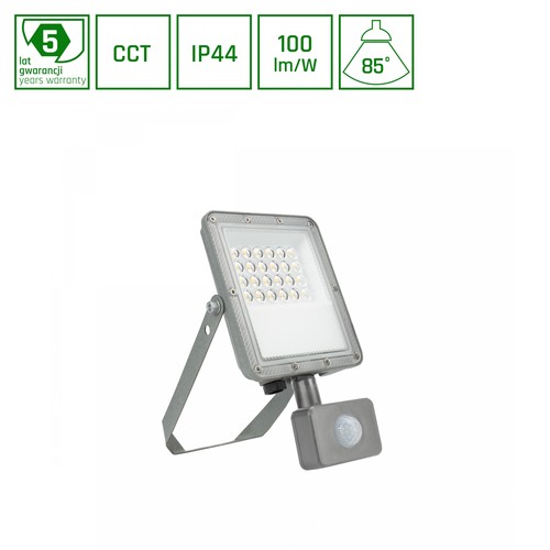 20W NOCTIS MAX CCT strålkastare med PIR-sensor - IP44, 3 färgtemperaturer, grå