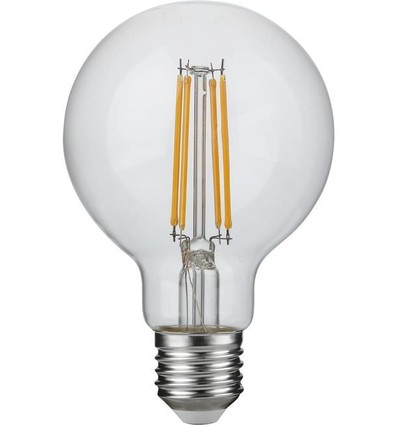 E27 4,7W dimbar LED-globelampa - G80, filament, 2500K, 470lm, klart glas