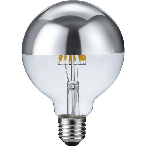 E27 6,5W dimbar LED-klotlampa - G95, toppförsilvrad, filament, 2500K, silvertopp, 470lm