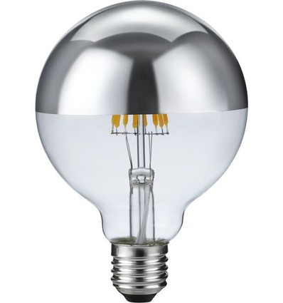 E27 6,5W dimbar LED-klotlampa - G95, toppförsilvrad, filament, 2500K, silvertopp, 470lm