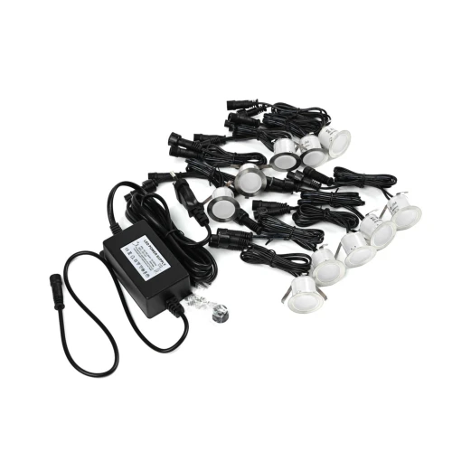10-pack markspotlights - 0,5W, rund, rostfritt stål, komplett inkl. strömförsörjning