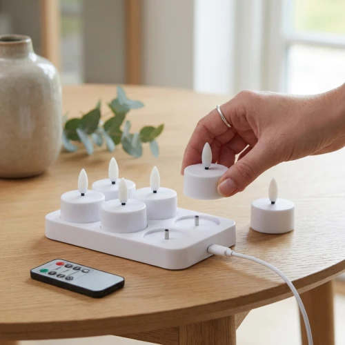 6-pack vita LED-värmeljus inkl. laddningsbas - Inkl. fjärrkontroll, timer