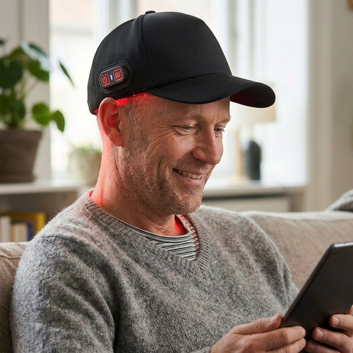 Rödljusterapi-keps m. batteri - Trådlös, USB-C laddning, rött och nära infrarött ljus