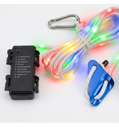 5m vitt rep med RGB-ljus - Med karbinhake, max 80kg belastning