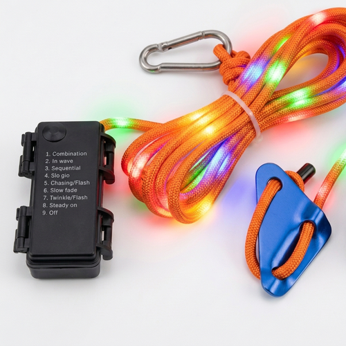 5m orange rep med RGB-ljus - Med karbinhake, max 80kg belastning