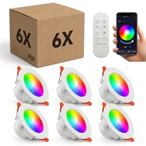 6-pack RGB+CCT Smart Home downlight - 5W LED, Bluetooth, fjärrkontroll, funkar med Google Home och Alexa