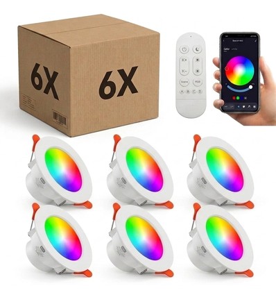 6-pack RGB+CCT Smart Home downlight - 5W LED, Bluetooth, fjärrkontroll, funkar med Google Home och Alexa
