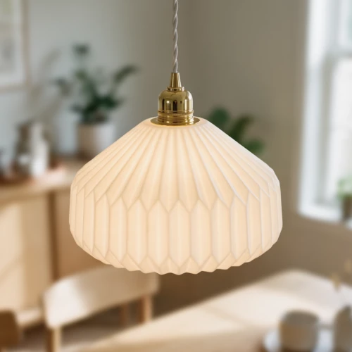 Keramik E27 pendellampa - Plisserad, vit/mässing, 2m sladd, Ø27x23cm, utan ljuskälla