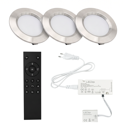 3 st. Reco68 möbelspot dimbar, borstat stål - Välj RF/WiFi/Zigbee strömförsörjning (fjärrkontroll ingår)