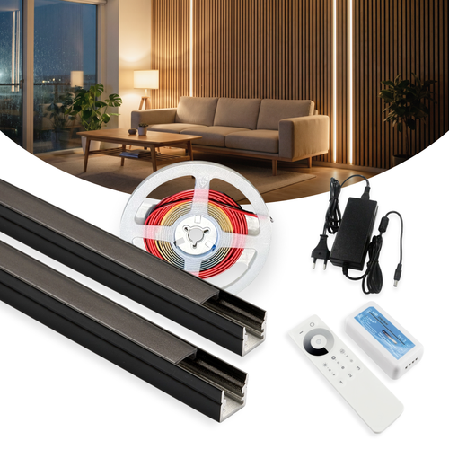 240cm LED Akustikpanel-set, svart - 2 st. Enfärgade LED-strips (240cm) m. 78W strömförsörjning - WiFi eller RF