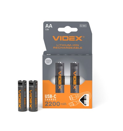 2 st. laddningsbara AA Li-ion-batterier, 1,5V - 2200mAh, USB-C-port, termiskt skydd