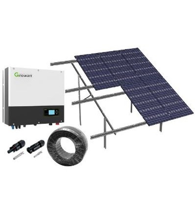 8kW komplett 3-fas hybrid solcellsanläggning - Markbaserad anläggning. Growatt hybrid växelriktare. Alu celler