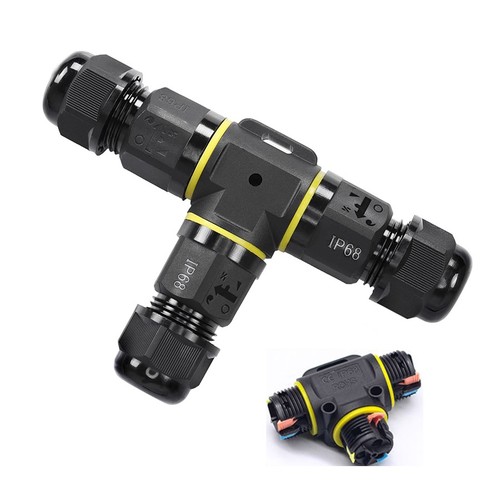 T-kopplingsdosa med snabbkoppling - IP68 vattentät, svart, för skarvning av kablar, 3-ledare