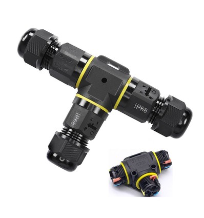 T-kopplingsdosa med snabbkoppling - IP68 vattentät, svart, för skarvning av kablar, 3-ledare
