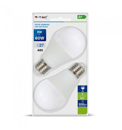 V-Tac 9W LED lampa - 3-steg dimbar, A60, on/off dimbar, E27