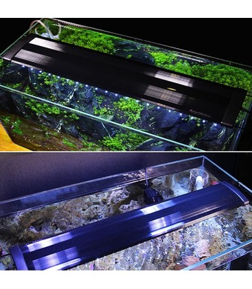 En lång justerbar akvariearmatur monterad över ett stort akvarium som visar ljusspridningen.