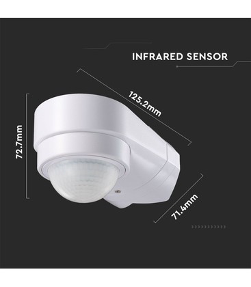 Måttskiss och tekniska specifikationer för en IP65-klassad rörelsesensor lämplig för fuktiga miljöer.